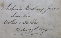 Richard Cadbury's bible showing dedication from his parents on the inside front cover